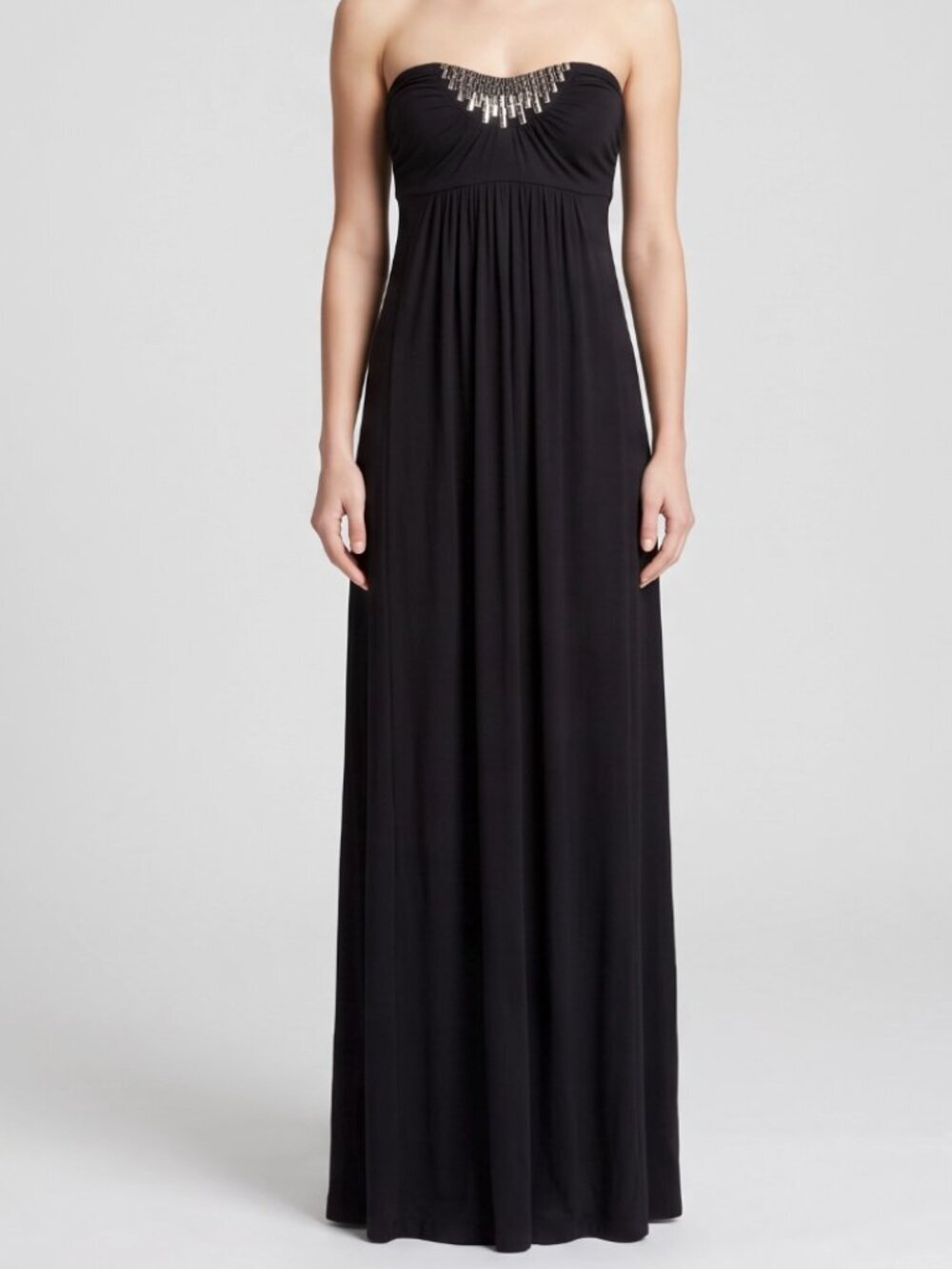 Bebe Black Strapless Beaded Sweetheart Cutout O Ring Maxi Dress